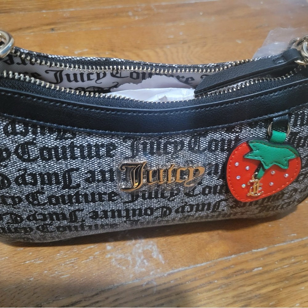 Juicy Couture Black and Gray Shoulder Bag with Strawberry Charm